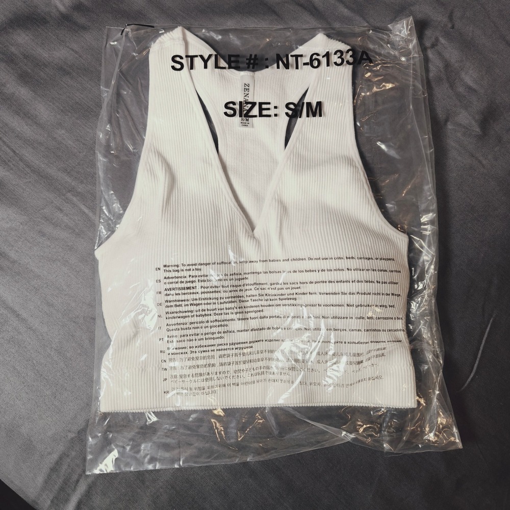 Zenana Ribbed Padded Cropped Racerback Tank Top Bralette Brami White S/M - Picture 10 of 11